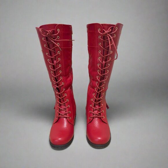 New Red Lace-Up Below Knee High Combat Moto Boot Low Block Heel Faux Leather Zip - Picture 4 of 4